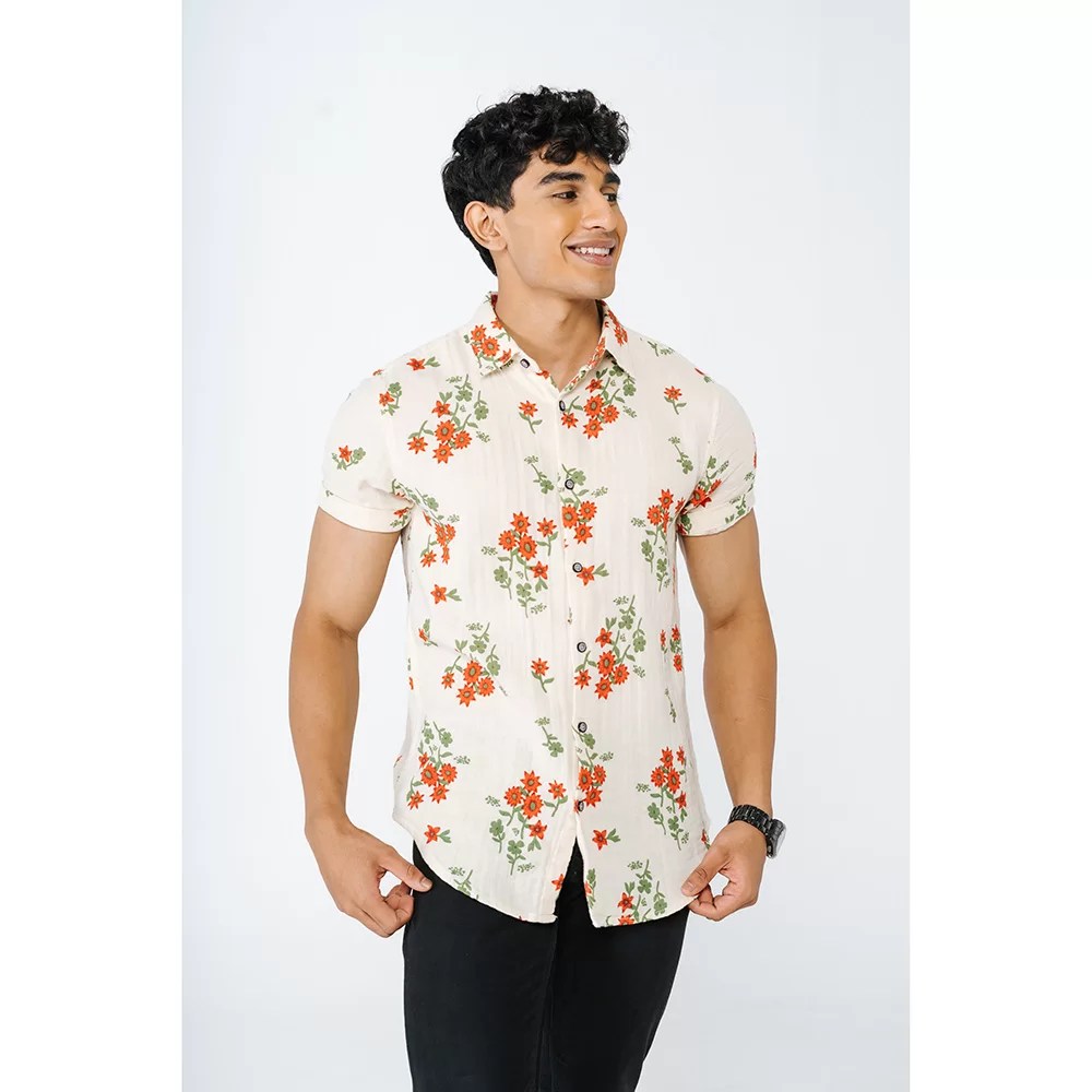 Creame and red floral printed shirt for men