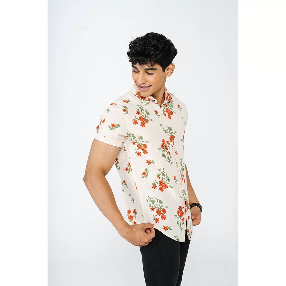 Creame and red floral printed shirt for men