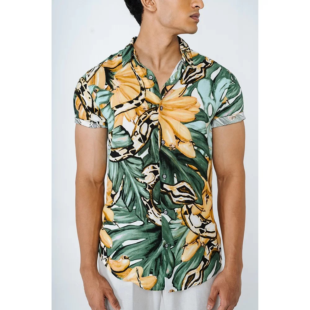 Green and yellow beach vibe printed shirt for men