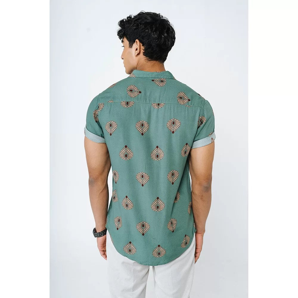 green with mustard motifs printed shirt for men