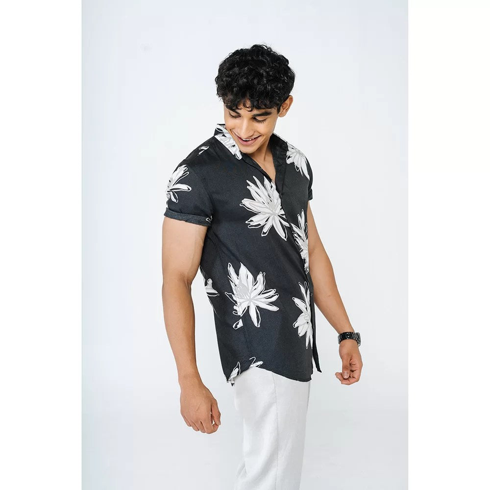 Faded black and off white floral printed shirt for men